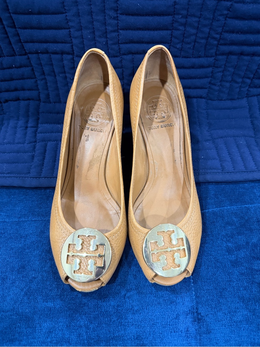 Tory Burch Tan Leather Logo Peep-Toe Flats